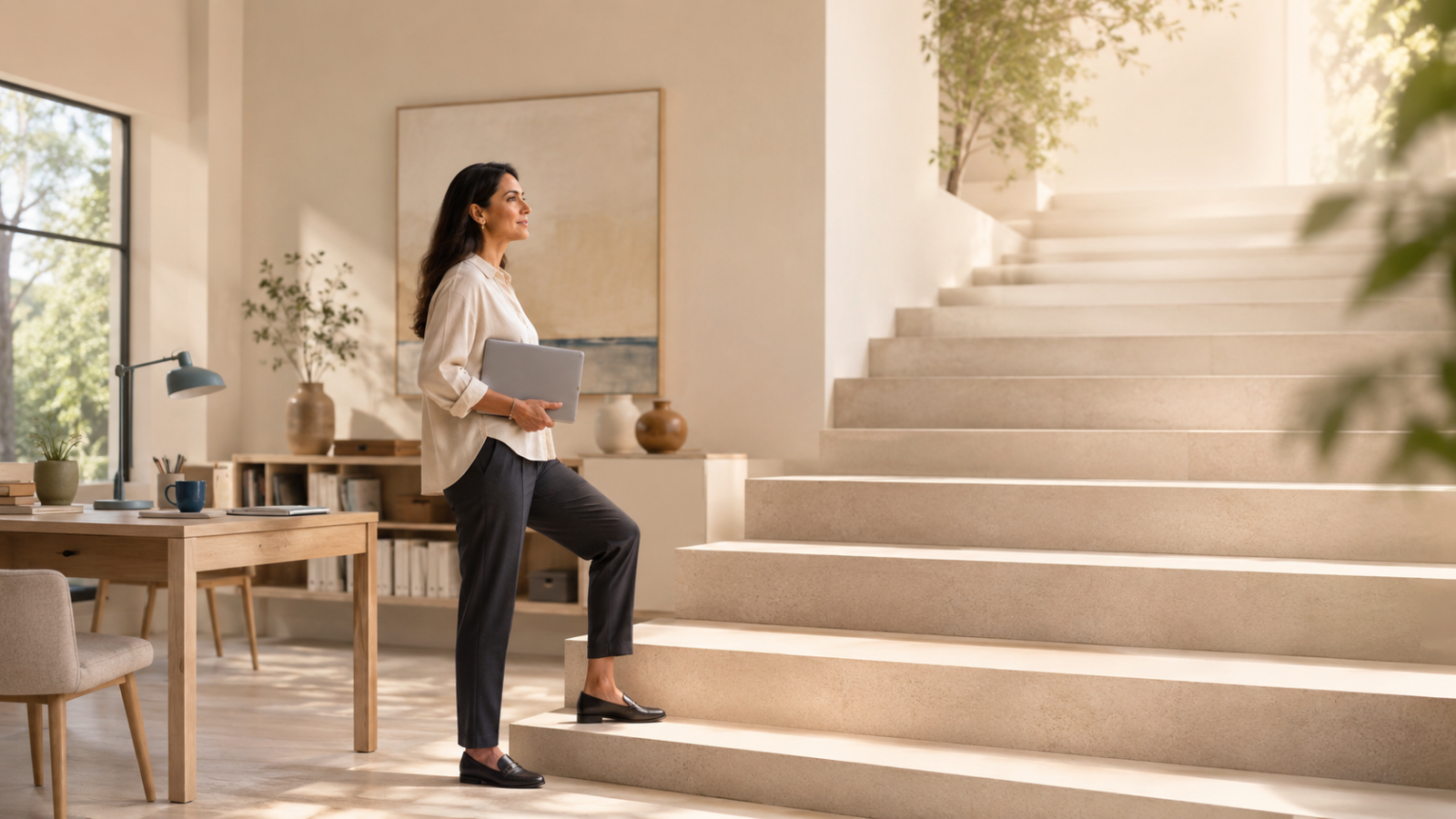 A woman holding a laptop steps onto the first stair of a sunlit staircase in a calm, minimal home office, looking upward toward the top. The individual first step of using AI safely.