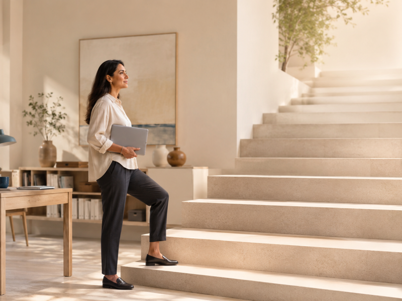 A woman holding a laptop steps onto the first stair of a sunlit staircase in a calm, minimal home office, looking upward toward the top. The individual first step of using AI safely.
